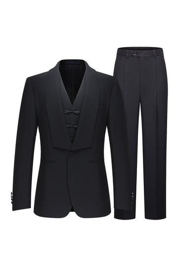 Black One Button Shawl Lapel 3 Piece Men's Suits